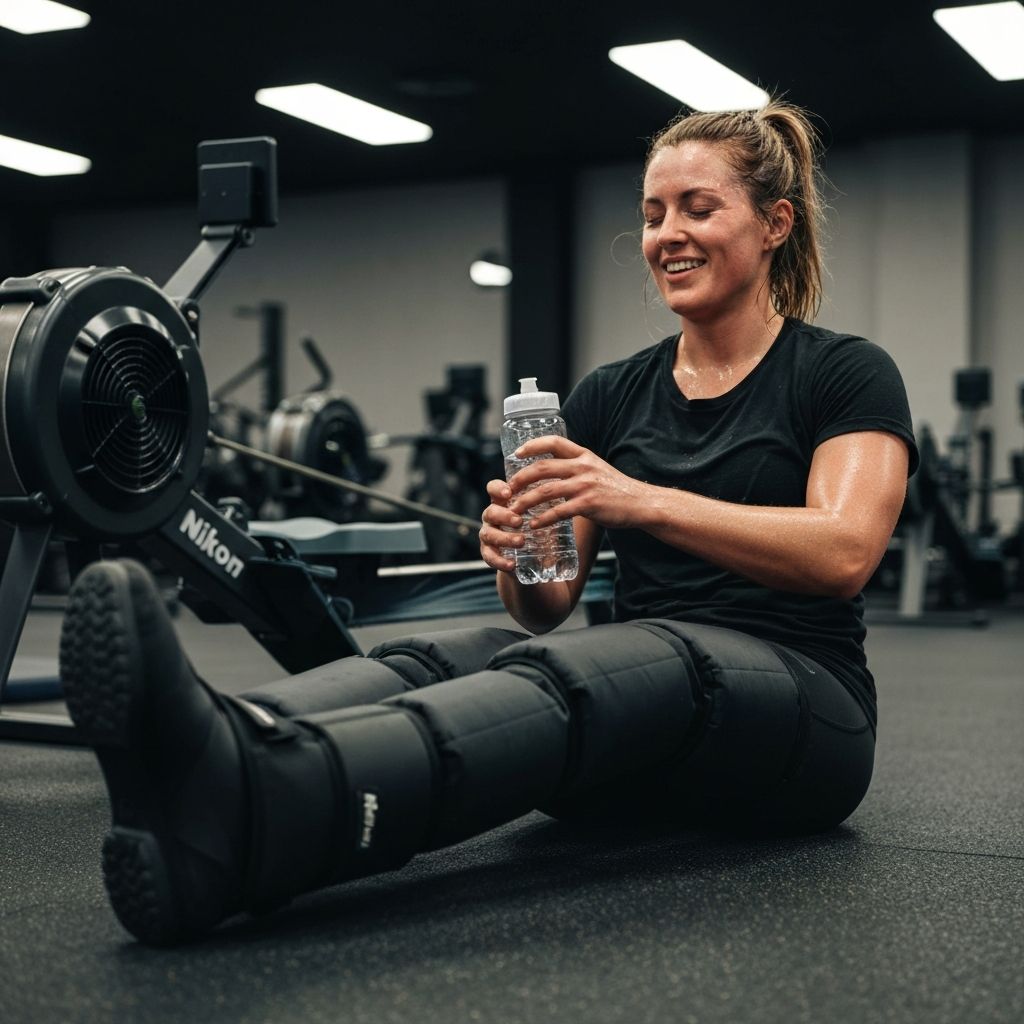 Fitness-Athletin mit Kompressionsstiefeln nach dem Wettkampf