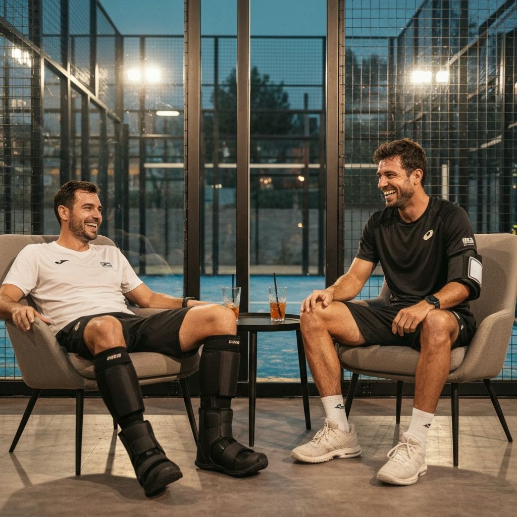 Padel-Spieler entspannen mit Recovery-Geräten im Club