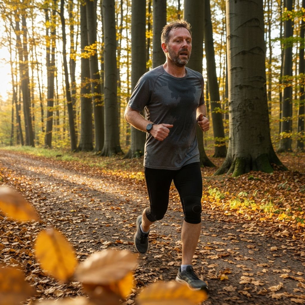 Mann beim ersten Lauf nach Knie-OP im Wald